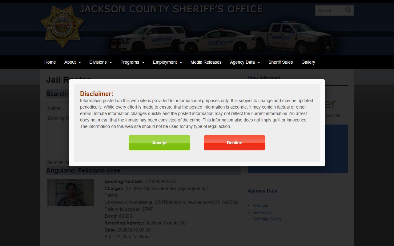 Jackson County Jail roster search fields and inmate booking records