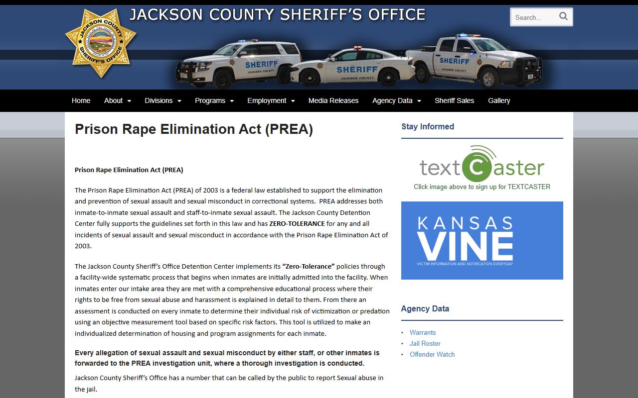 Jackson County Jail PREA page with zero tolerance and reporting information